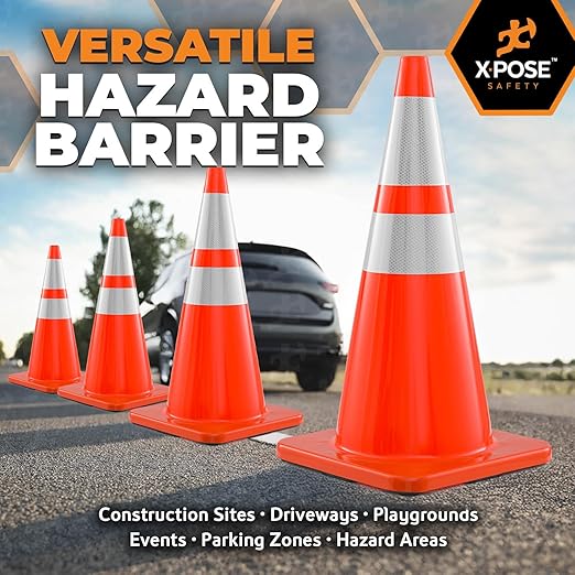 Xpose Safety 28 Inch Orange Traffic Cones Heavy Duty 10lb with 6" & 4" Collars, 12-Pack - Multipurpose PVC Plastic Safety Cone for Parking, Soccer, Caution, Kids and Construction - DOT Approved