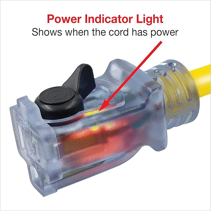 Clear Power 50 ft Heavy Duty Outdoor Extension Cord 14/3 SJTW with Lighted Locking Connector, Yellow, Water & Weather Resistant, Flame Retardant, 3 Prong Grounded Plug, DCOC-0130-DC