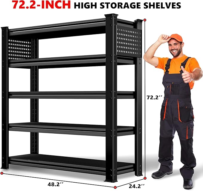 SILVEL 48.2" W Garage Shelving, 5000LBS Heavy Duty Metal Shelving, 2025 Solid Storage Shelves with 2 Side Pegboards, Industrial 5 Tier Shelves for Basement Pantry Warehouse Supermarket, 10 Pack