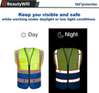 BeautyWill Custom Safety Vest Customized Logo Mesh Vest Class2 High Visibility Reflective Vest with Pockets Blue workwear（Yellow Blue，S ）