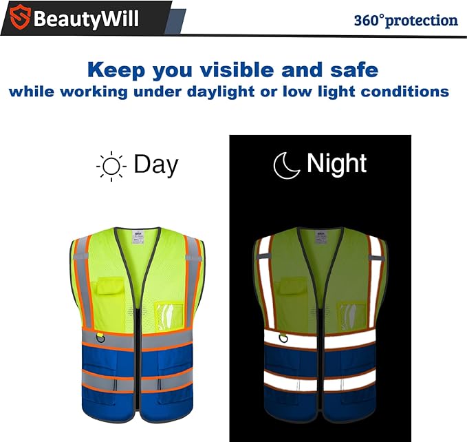 Custom Safety Vest Customized Logo Mesh Vest Class 2 High Visibility Reflective Vest with Pockets Blue workwear（Yellow Blue，M ）