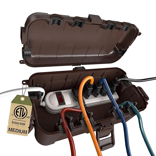 Flemoon Medium Outdoor Electrical Box (11.5x5.2x4 inch), IP54 Waterproof Extension Cord Cover w/6 Cable Entry Ports, Weatherproof Connection Box for Power Strip, Timer, Plug, Holiday Lights, Brown