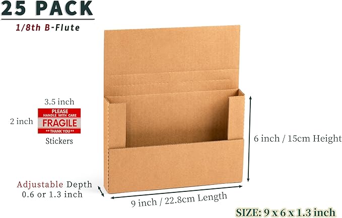 9x6x1.3 inch Small Shipping Boxes, Multi-Depth Flat Cardboard Boxes with Fragile Stickers for DVD Shipping, Packing, Moving, Storage, Brown, 25 Pack
