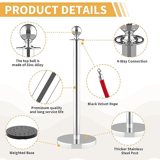 8Pcs Stainless Steel Stanchion Posts with 5ft Red Velvet Ropes - Crowd Control Barriers & Queue Line Kit with 26ft Red Carpet for Wedding, Party, Theater Supplies