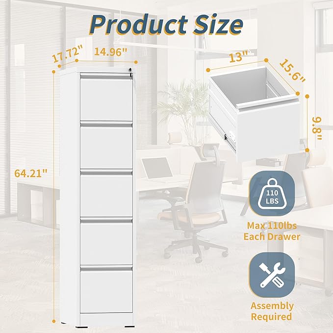 5 Drawer File Cabinet with Lock, Vertical Filing Cabinets for Home Office, Metal Storage Cabinets, Heavy Duty File Cabinet for Letter/Legal/A4/F4 Size Amssebly Required, White