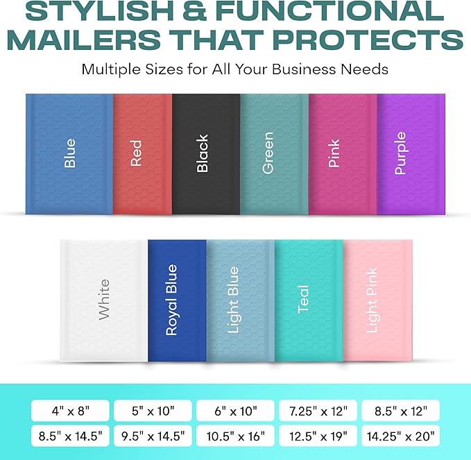 Teal 12.5x19.5 Inch Large Poly Bubble Mailers #6 | Padded Envelopes with Self Seal | Air Lined Cushioned Bubble Mailer | Usable Size 12.5x15 | 50 Pack Bulk | Lightweight shipping Bags