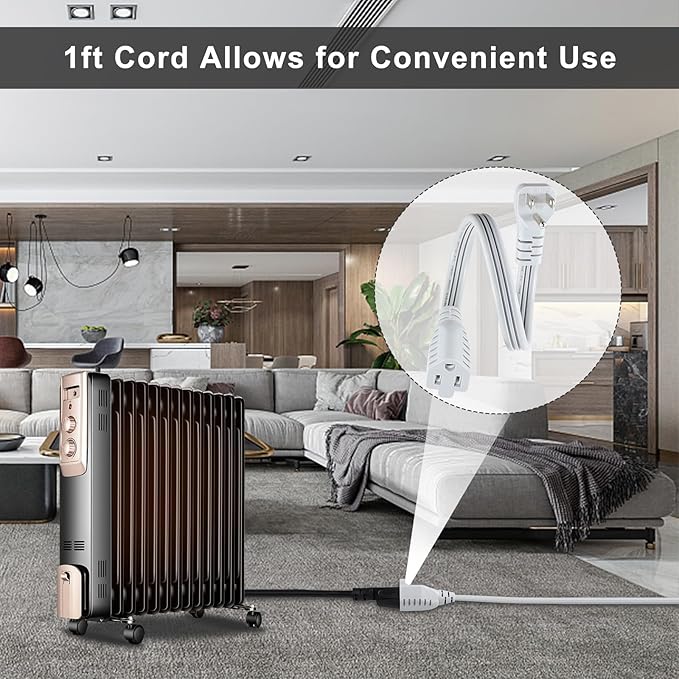 KUNCAN Appliance Power Extension Cord - 3 Prong Flat Wire SPT-3 14 AWG Heavy Duty Male to Female Extender Low Profile Grounded Cable for Major AC Unit, Air Conditioner, Refrigerator, Heater (1 Feet)