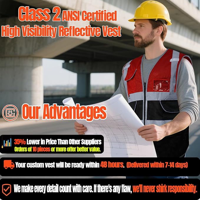 BeautyWill Custom Safety Vest Customized Logo Class 2 High Visibility Reflective Vest with Pockets Construction workwear
