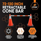 Retractable Barrier for Safety Traffic Cones - 2" OD - Large Yellow and Black Bar Barricade - for Road Construction, Parking, Warning, Temporary Security Divider (360, Orange & White, 72" x 120")