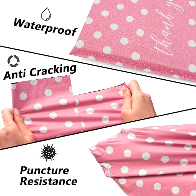 Thank You Poly Mailers 10x13 Inch 25 Pcs - Pink Dots printed Shipping Bags, 2.4mil Thickness, Waterproof and Tear Resistant Mailing Envelopes, Self-Sealing Packaging Bags for Small Business