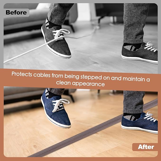 Floor Cord Cover for Wires on Floor Self Adhesive Cord Hider Floor Cable Management Wire Covers for Cords Protector Prevent Cable Trips Cord Cavity W 0.51" x H 0.31", Grayish Brown Wood, 3.3Ft