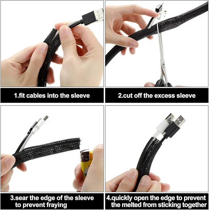 Boao 3 Pieces Cord Protector Wire Loom Tubing Cable Sleeve Split Sleeving for USB Charger Cable Cord Cover Audio Video Cable (Black,1 Inch, 1/2 Inch, 1/4 Inch)