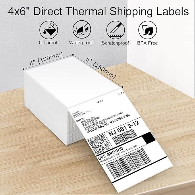 Sale4Less 500 Fanfold 4 x 6 Direct Thermal Shipping Labels - Label Compatible DYMO Label Writer Rollo & Zebra with Perforated line for Thermal Printers Labels - Commercial Grade - Manufactured by UPS