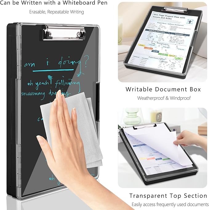 Clipboard with Storage,Heavy Duty Clip Boards 8.5x11 with 2 Storage Case,Clear Visible Top Panel Storage Clipboards,Side Opening Clip Boards,Nursing Clipboard Folder Case for Office Supplies-Black