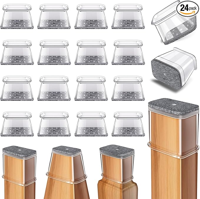24 Pcs Chair Leg Floor Protectors Rectangle, Silicone Felt Furniture Leg Pads Caps Covers for Hardwood Floors (Fit Perimeter 3-3/4" to 4-7/8")
