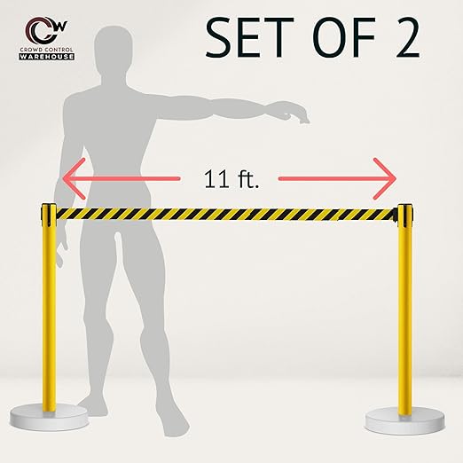 Crowd Control Warehouse - CCW Set of 2 Retractable Belt Barrier Stanchion, Water Fillable Base MSH630-11 Foot Belt, Black/Yellow Belt with Yellow PVC Plastic Post