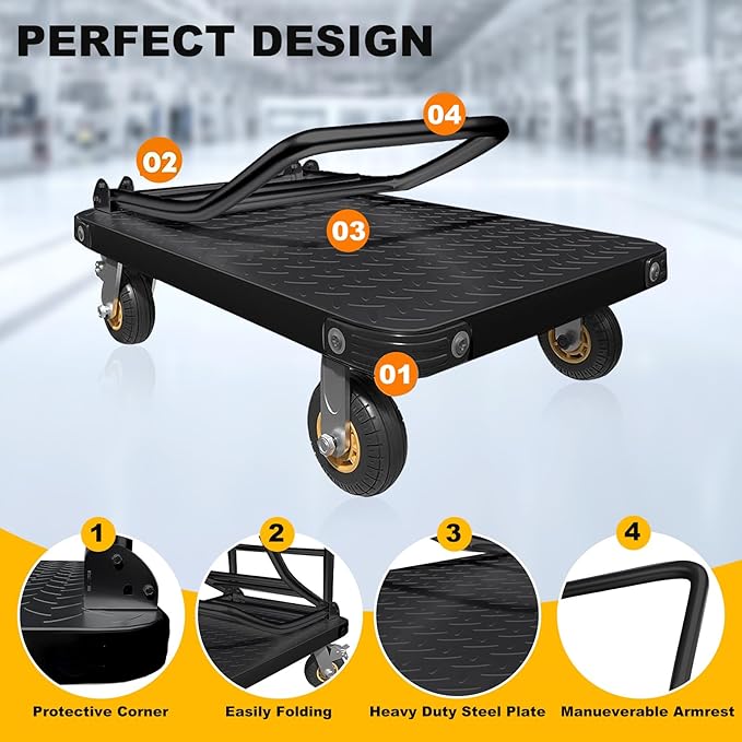 Heavy Duty Platform Truck Flat Cart Hand Trucks,1500 to 2000Lbs Steel Push Cart Dolly with Brake Design, 36 x 24in or 27x19in Large Flatbed Black Trolley (BL, 27X19 Small)