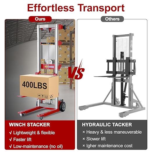 122" Material Lift Winch Stacker, 400 lbs Capacity Manual Material Lifts, Fixed Straddle Material Lifter, Hand Winch Lift Trucks for Warehouse, Factory, Lightweight, 34.60" L x 24.80" W, Red
