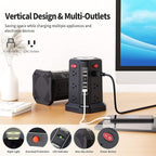 Surge Protector Power Strip Tower with 5 USB Ports and Night Light, 10FT Extension Cord with 12 AC Multiple Outlets, PASSUS Power Tower, Overload Protection for Home Office Dorm Room (2PC-Black)