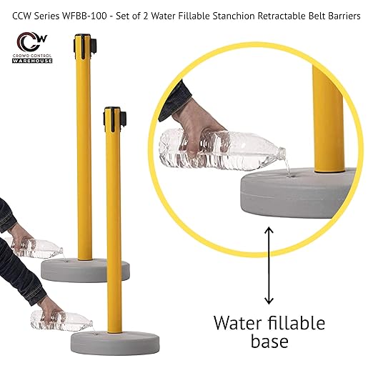 Crowd Control Warehouse - CCW Set of 2 Retractable Belt Barrier Stanchion, Water Fillable Base MSH630-11 Foot Belt, Yellow"Caution - DO NOT Enter" Black Letters with Black PVC Plastic Post