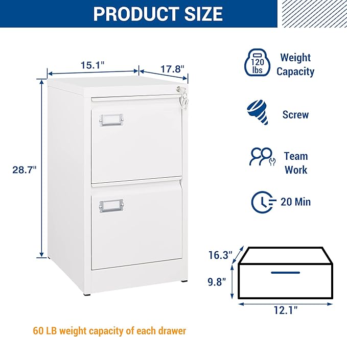 2 Drawers Vertical File Cabinets - 17.8" Deep Lockable Filing Cabinet - Metal Storage Cabinets for Home Office to Hanging Files Letter/Legal/F4/A4 Size