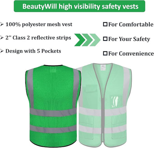 10 Pack Mesh Safety Vest Custom Logo High Visibility Reflective Vest with Pockets Security Work Vest（Green，M）