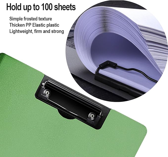 2 Pack Foldable Clipboards, A4 Office Clipboard Folder with Double Metal Clips, 360 Degree Foldable Binder Clipboard with Pen Holder, File Cover Work Folder Clipboards, Green
