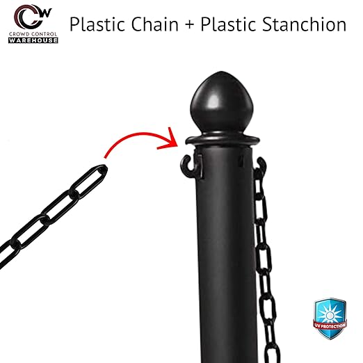 Montour Line Plastic Stanchion Yellow 2.5 Inch Diameter with 50 Foot Chain, 6-Pack, Crowd Control Barriers