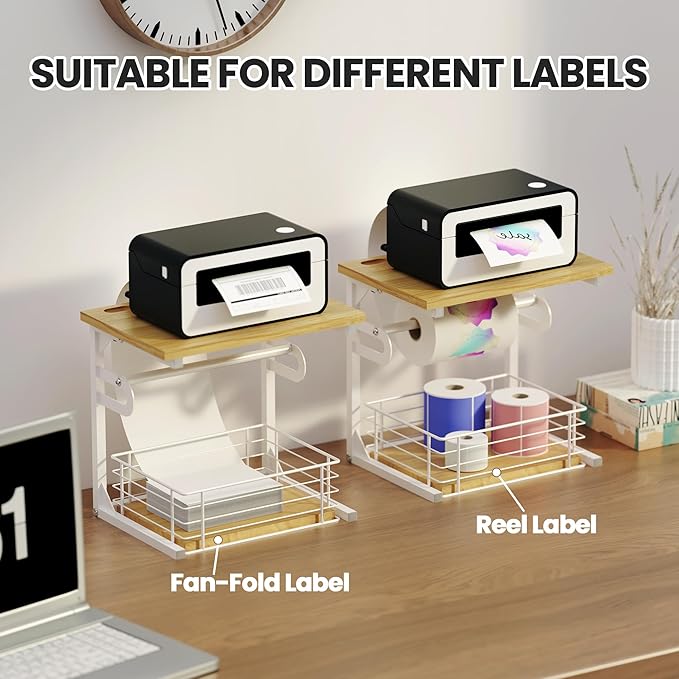 Label Holder for Rolls and Fan-Fold Labels, Wooden Thermal Sticker Roll Holder for Desktop Thermal Label Printer, Solid Shipping Label Holder & Desktop Label Printer Accessory Supplies, White