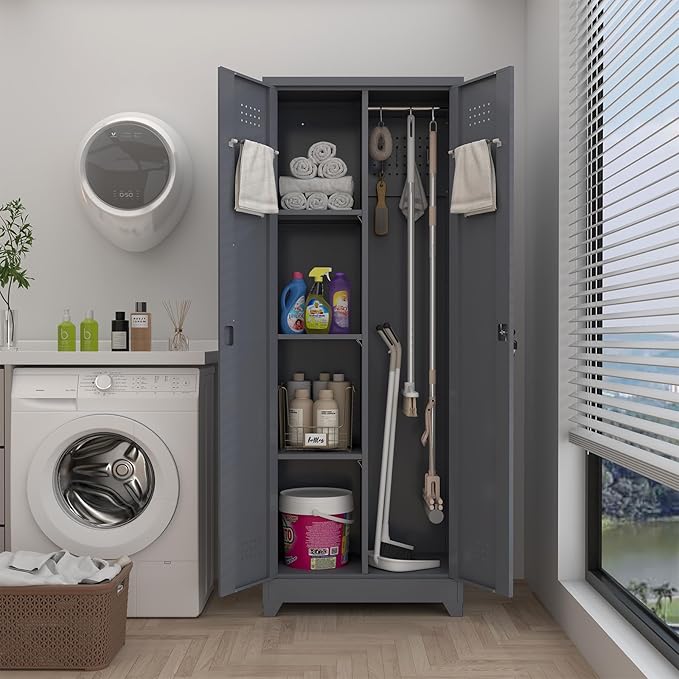 GREATMEET Broom Closet, Broom Closet Cabinet with Pegboard and Hanging Rod, Cleaning Supplies Storage Cabinet for Bathroom, Garage