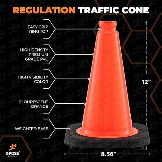 Xpose Safety 12 Inch Orange Traffic Cones, 1-Pack - Multipurpose PVC Plastic Safety Cone for Parking, Soccer, Caution, Kids and Construction - DOT Approved