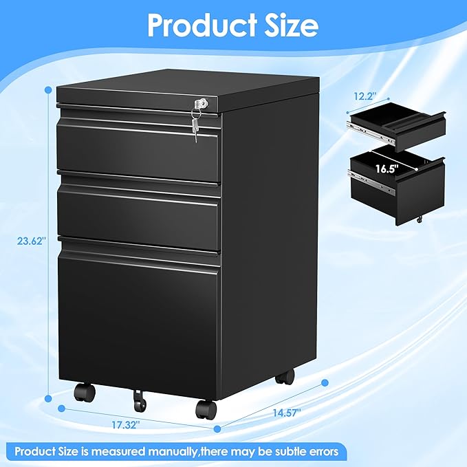 SUXXAN 3 Drawer Under Desk Mobile File Cabinet with Lock, Metal Storage Cabinet for Office & Home, Legal/Letter Size, Fully Assembled Except Wheels, Black