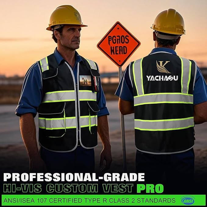 BeautyWill ANSI Certified Custom Logo Safety Vest 8-Pockets Class2 High Visibility Reflective Vest for Men - Personalized Logo Heavy-Duty Work Vest（Black，5Pack，M）