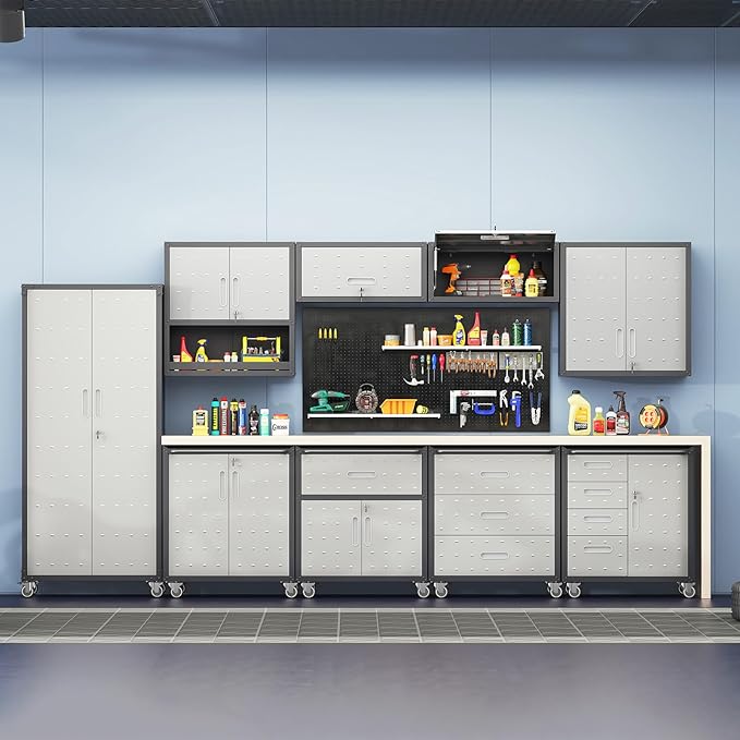 Metal Storage Cabinet with Wheels, Rolling Tool Chest with Adjustable Shelf & Handle, Lockable Garage Cabinet with 1 Drawer and 2 Doors, Mobile Steel Locker for Office, Workshop, Black&Grey