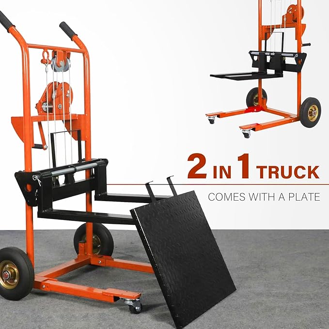 Material Lift Winch Stacker, 330 lbs Capacity Table Cart, 40.5" Lifting Height Manual Forklift Stacker, Pallet Jack Truck Dolly with Swivel Casters and Lift Plate (Orange)