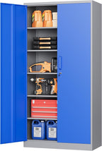STANI Metal Garage Storage Cabinet with Lock, 71" Steel Lockable File Cabinet, Locking Steel Storage Cabinet with 5 Adjustable Shelves for Home, Office, Garage, Warehouse (Blue Grey, 2 Door - 71" H)