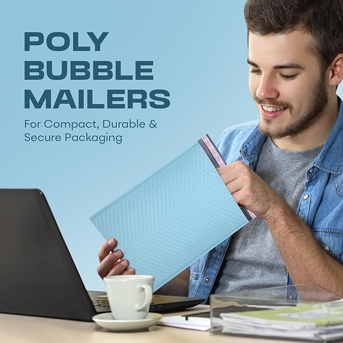 Light Blue Poly Bubble Mailers 7.25x12 inch #1 | Self Seal Padded Envelopes | Cushioned Bubble Mailer | Usable Size 7.25x11 | WaterProof | Lightweight mailing Shipping Bags | 200 Pack Bulk