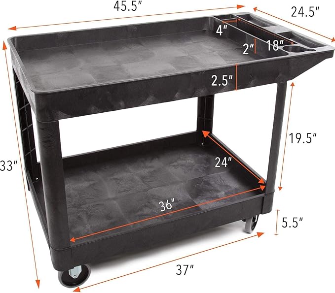 Tubstr Extra Large Two-Shelf Utility Cart with Wheels (2-Pack) | 500 lb. Capacity Rolling Utility & Tool Carts for Warehouses, Industrial Settings, Auto Garages, & More (Black, 45.5 x 24.5)