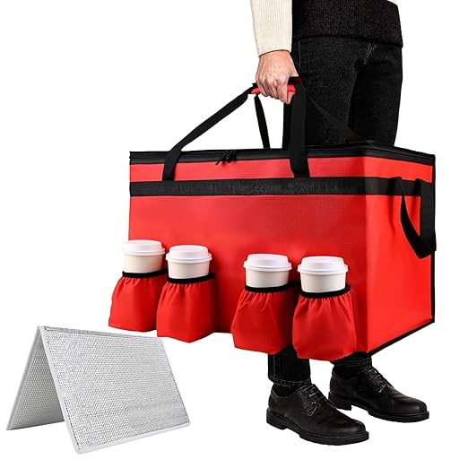 Insulated Food Delivery Bag with 4 Cup Holder and Bottom Support, XX-Large Insulated Grocery Bags Keep Food Hot/Cold, Cooler Bags with Drink Carrier, Food Carrier Catering Bag for Events, Red