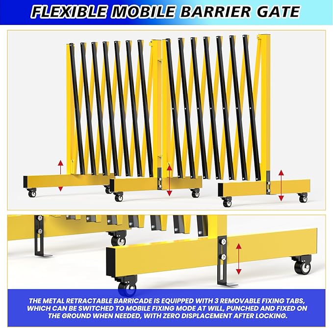 2 Set 16.8FT Industrial Metal Expandable Barricade，Retractable Traffic Fence with Casters, Folding Security Gate, Portable Barricade Gate for Construction Area, Traffic Control, Driveway and Garden