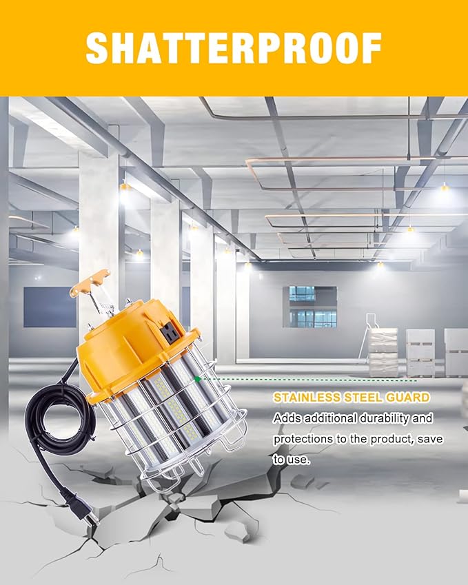 LED Temporary Work Light 100W LED Construction Lights 12,000lm 5000K Daylight Stainless Steel Guard Portable Hanging Work Lighting Workshop Jobsite Light Outdoor
