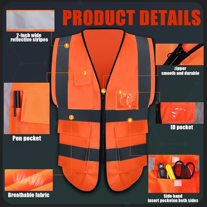 JaGely 15 Pack Reflective Safety Vests with Pockets and Zipper Construction Work High Visibility Vest for Men Women(X-Large,Orange Red)