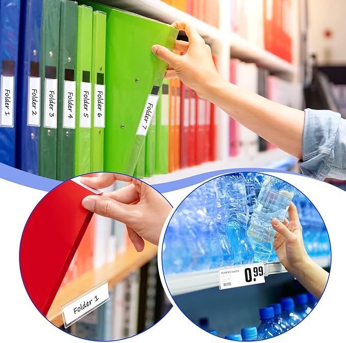 Yexiya 300 Pieces 3 x 1 Inch Clear Plastic Self Adhesive Label Holders Clear Shelf Tag Price Label Holders Bulk with Paper Inserts for Supermarket School Library Bookshelves Mailbox Storage Bins