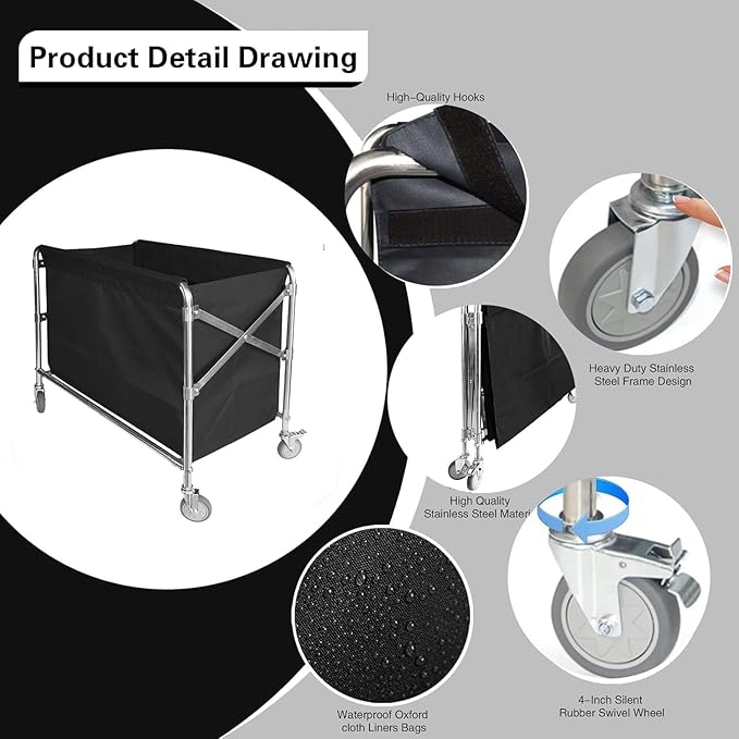 Commercial Laundry Cart with Wheels Heavy Duty Collapsible Laundry Baskets 12 Bushel (400l), Industrial Rolling Baskets Trucks with Steel Frame and Waterproof Oxford Cloth, 300 Lbs Weight Capacity