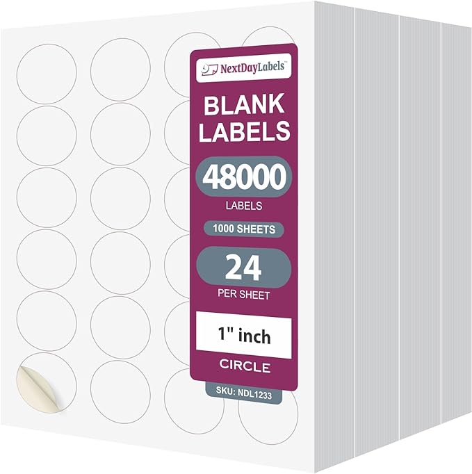NextDayLabels 1.66 Inch Round Sticker Labels for Printer - Matte White Blanks - 24,000 Laser/Inkjet Printables