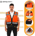 Reflective Safety vest With back plan pocket,High visibility Class 2 Heavy Duty Surveyor Vest with Zipper,Hi Vis Construction Work Vest for Men＆Women ANSI/ISEA(Orange-Bottom,L)