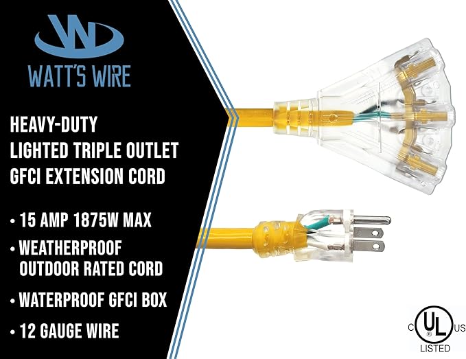 3 ft GFCI Extension Cord - Outdoor Extension Cord Waterproof - Heavy Duty Outdoor Extension Cords 3 ft with Multiple Outlets - Watts Wire - 3' Grounded - GFI Cord