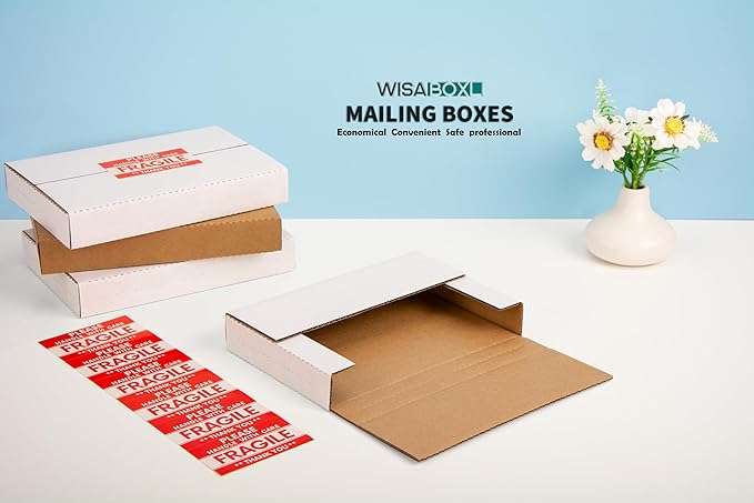 9x6x1.3 inch Shipping Boxes, Easy-Fold Multi-Depth DVD Mailer Box with Fragile Stickers for Mailing, Storing, Package, Gifts, Crafts, Business or Home, White, 25 Pack