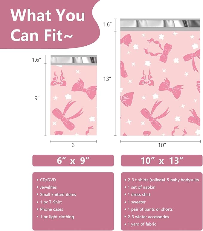 Poly Mailers 6x9 Inch 100 Pcs - Pink Bow printed Shipping Bags, 2.4mil Thickness, Waterproof and Tear Resistant Mailing Envelopes, Self-Sealing Packaging Bags for Small Business