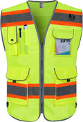 TCCFCCT Reflective Safety Vest for Men Women 9 Pockets High Visibility Vest with Fluorescent Orange Extend Edge, Hi Vis Security Work Vest for Surveyors, Durable and Breathable, (DB-Yellow, XX-Large)